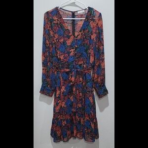 Calvin Klein Dress Size 14 Long Sleeve Back Zip Blue Lining Gauzy Floral Overlay